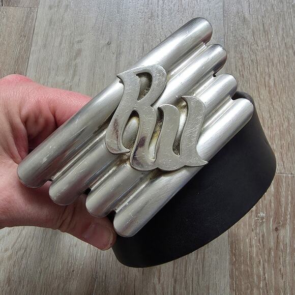 Vintage Rocawear Black Leather Large Silver Tone Logo Buckle One Size Large XL - Picture 8 of 8